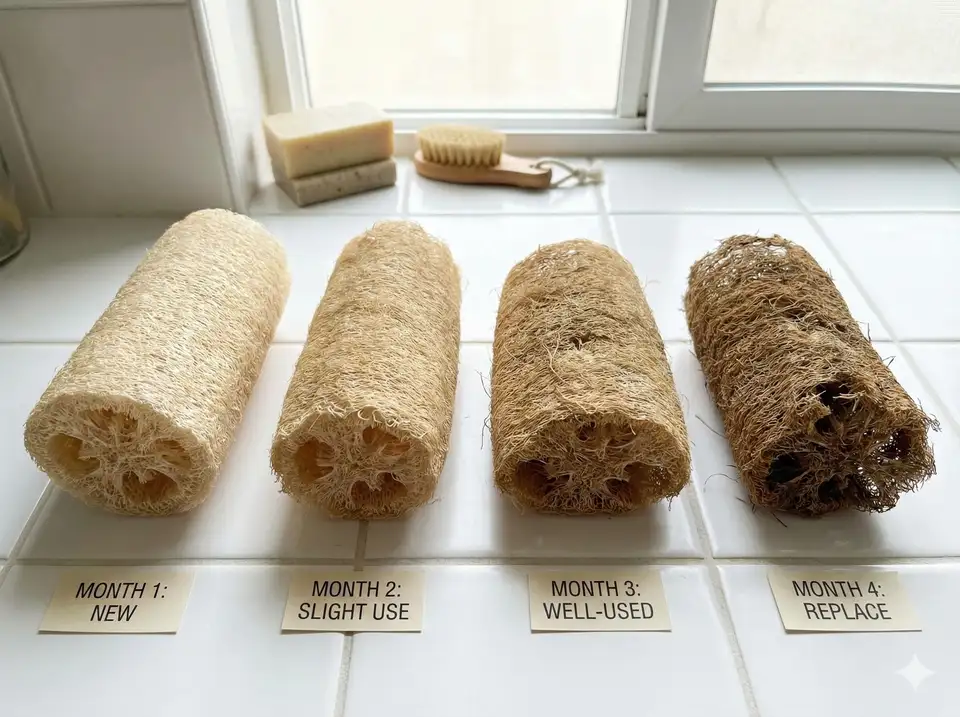 Visual timeline showing loofah condition from month 1 to month 4