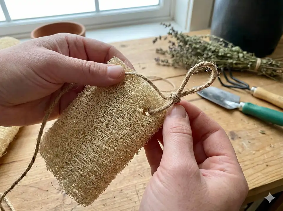 Adding a handle to a loofah scrubber