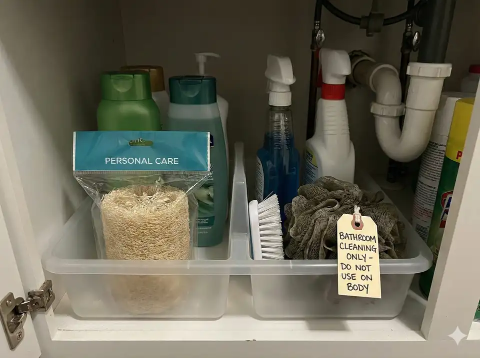 Dedicated bathroom cleaning loofah stored separately from body loofah