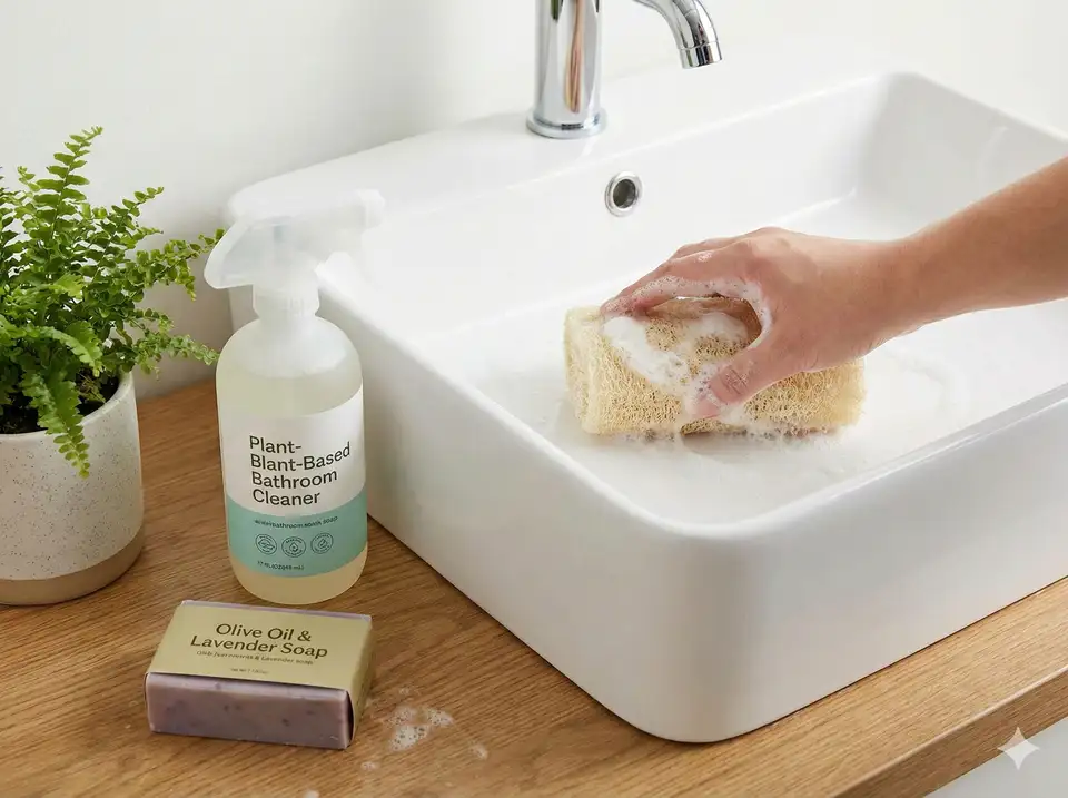 Scrubbing bathroom sink with loofah and eco-friendly cleaner