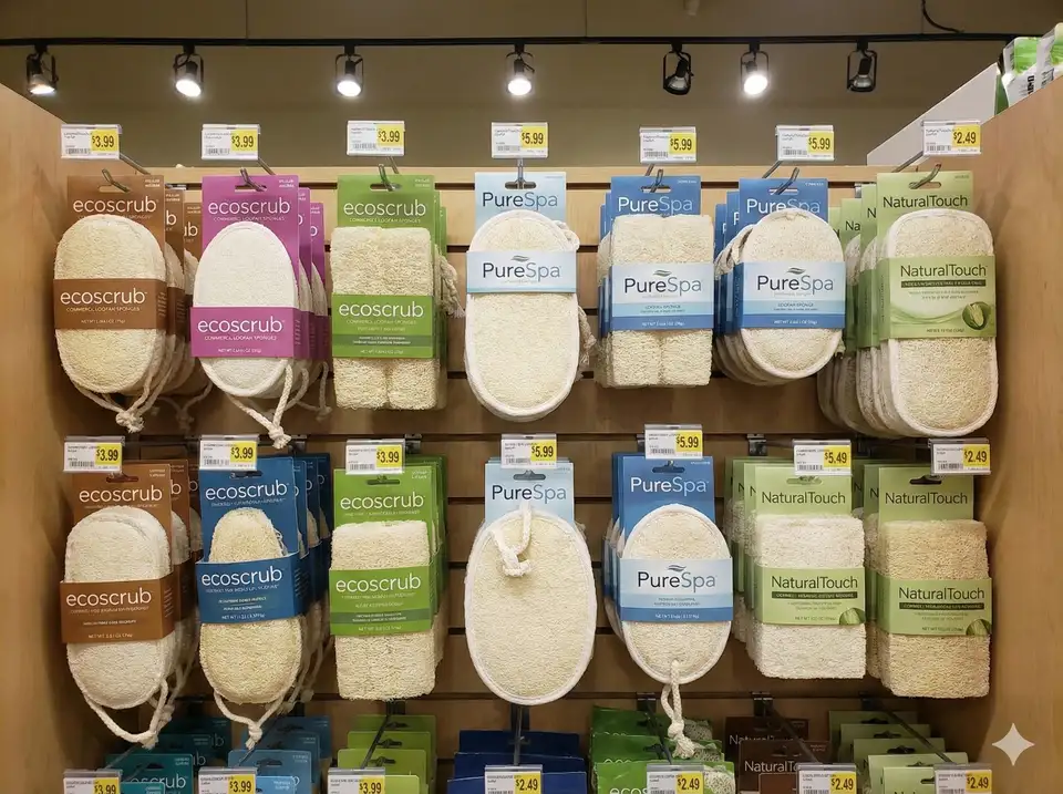 Various commercial loofah brands with packaging and pricing