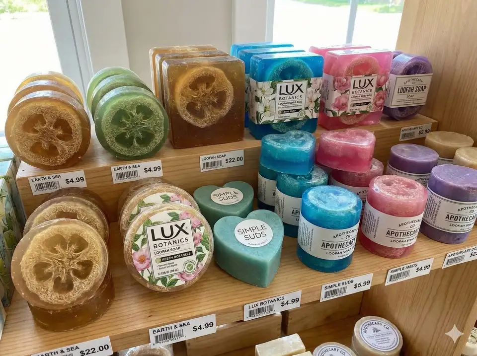 Collection of various commercial loofah soap bar brands