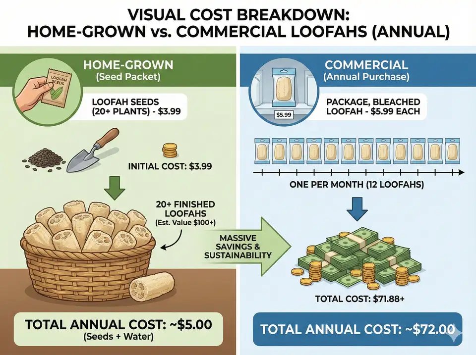 Infographic showing cost per loofah: commercial vs growing your own