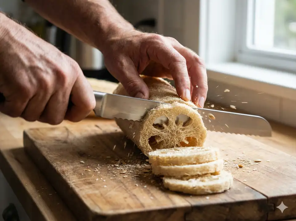 Cutting loofah into circular rounds