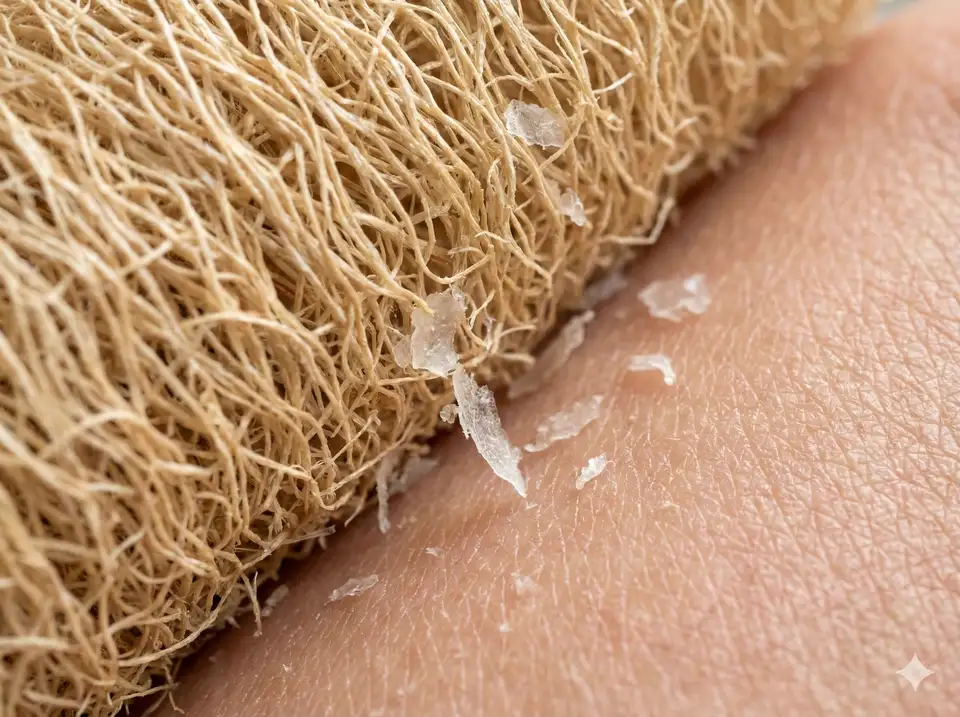 Macro shot showing loofah fibers against skin surface illustrating gentle exfoliation of dead skin layer
