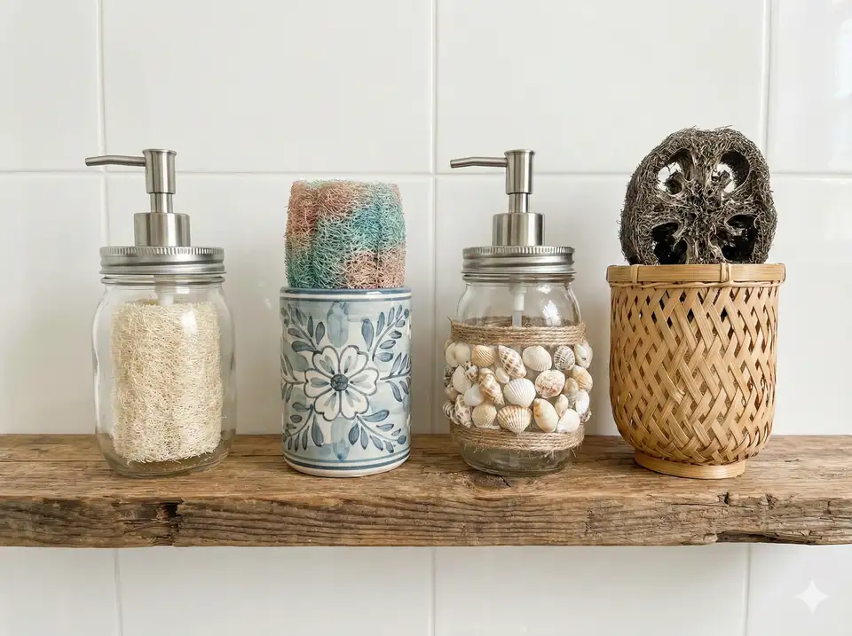 Three different styled loofah soap dispensers with various decorations