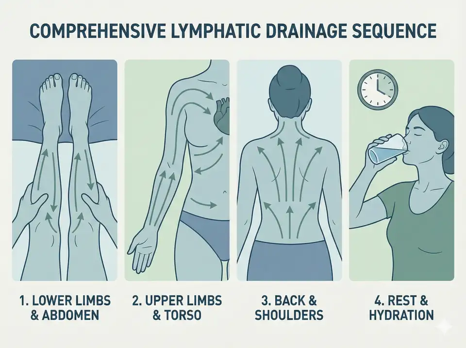 Step-by-step full body lymphatic drainage routine with loofah