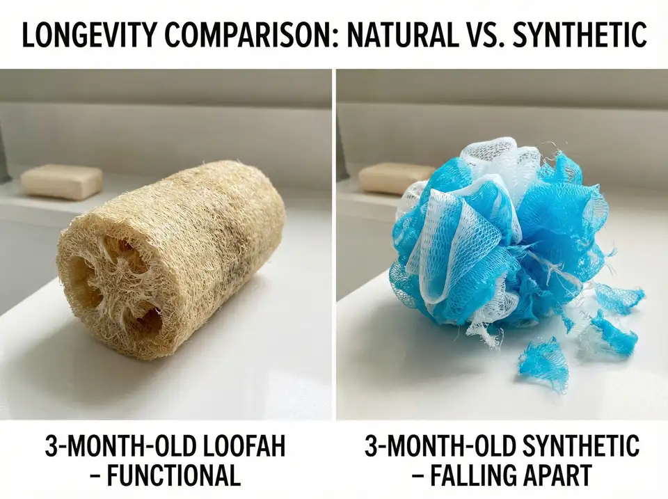Side-by-side showing 3-month-old loofah still functional vs falling-apart synthetic sponge - longevity comparison