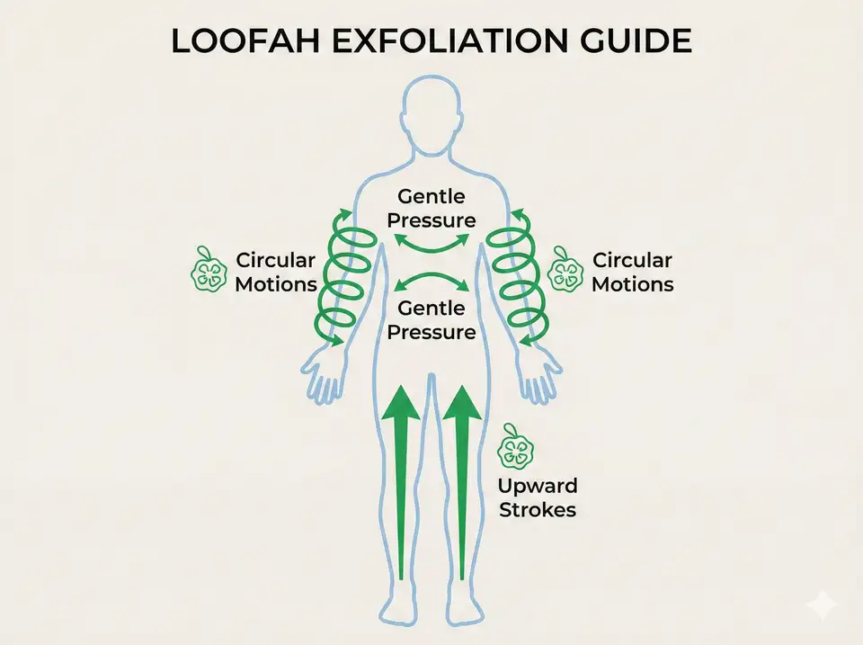 Illustrated body diagram showing proper loofah exfoliation direction with upward strokes on legs and circular motions on arms