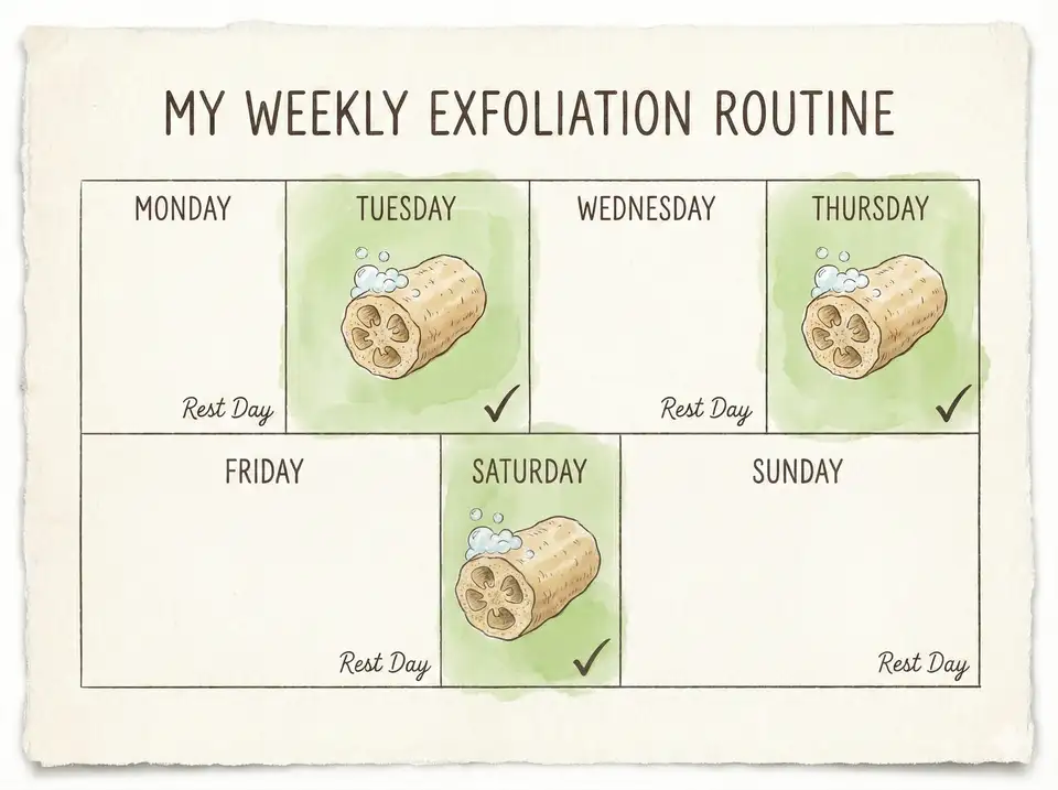 Weekly calendar showing recommended loofah exfoliation schedule of 2-3 times per week for optimal skin health