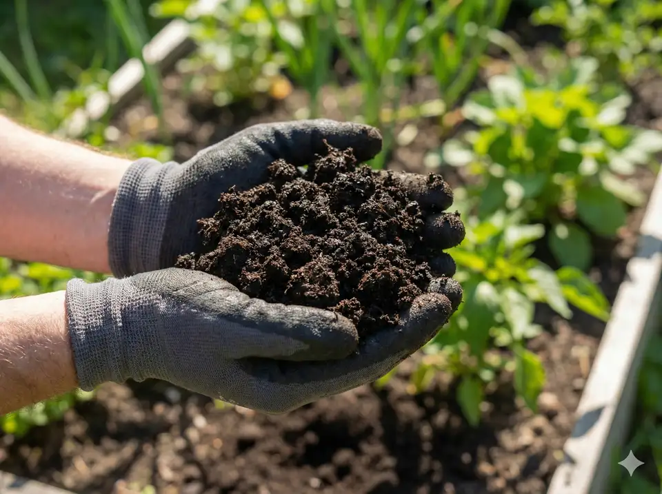 Rich dark compost where loofah has fully biodegraded