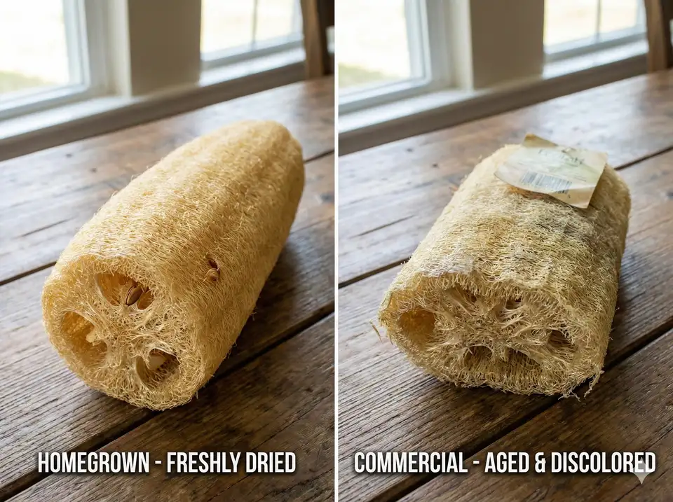 Freshly harvested homegrown loofah vs aged commercial product