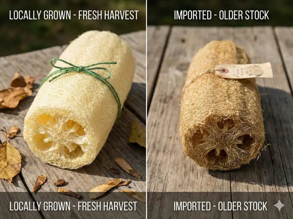 Vibrant locally-grown loofah recently harvested vs older discolored imported loofah showing age difference