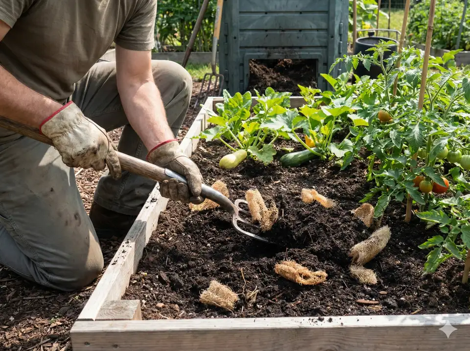 Adding loofah-enriched compost to garden bed soil