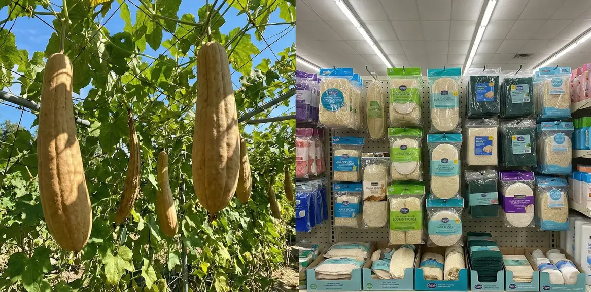 Homegrown loofah vs store-bought comparison