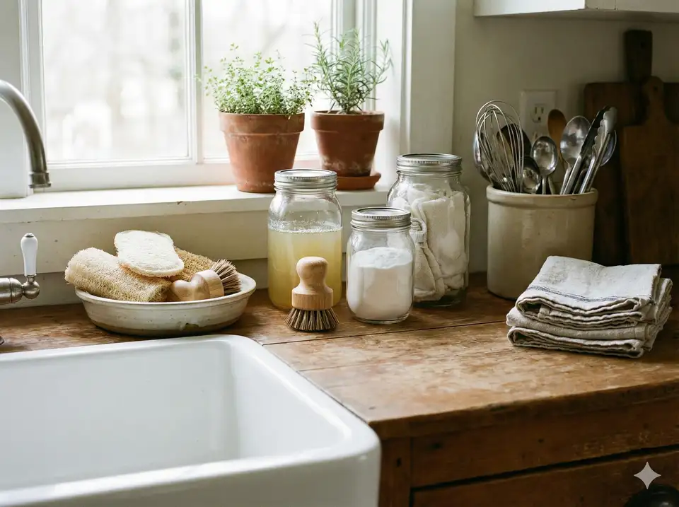 Plastic-free kitchen with loofah scrubbers and sustainable tools