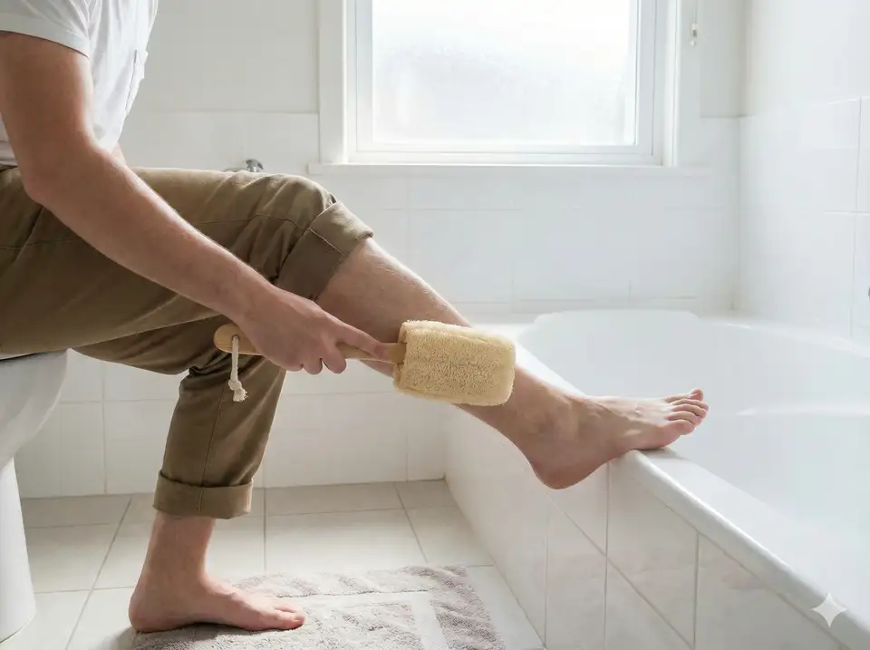 Demonstrating proper upward exfoliation strokes on legs from ankle to knee for lymphatic drainage