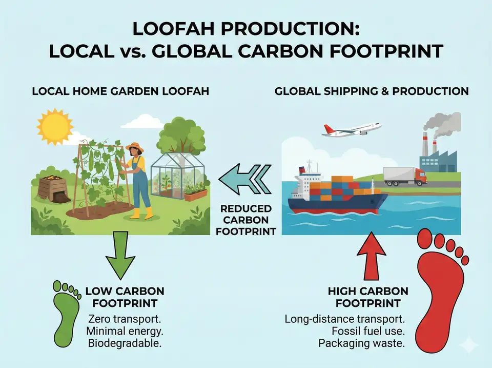 Home garden loofah production showing reduced carbon footprint of local growing