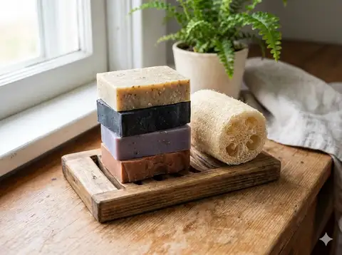 Natural loofah with artisan bar soaps for waste-free bathing