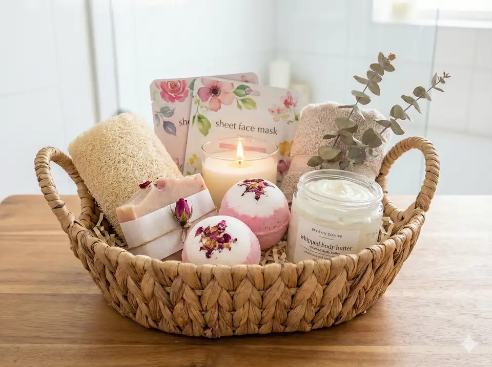 Elegant feminine spa gift set with loofahs, floral soaps, and luxury bath accessories