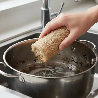 Removing baked-on food from pots and pans with loofah
