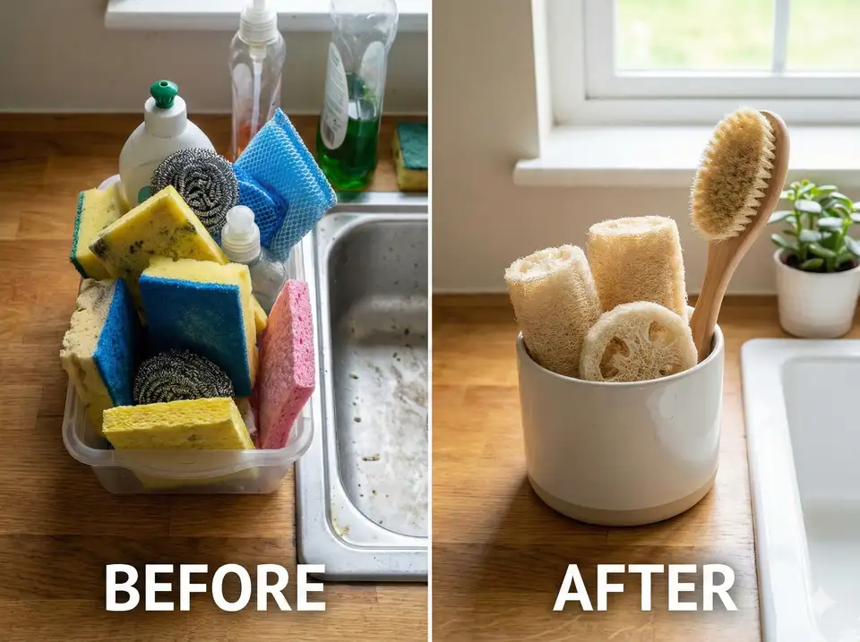 Direct substitution showing loofah replacing plastic scrubbers