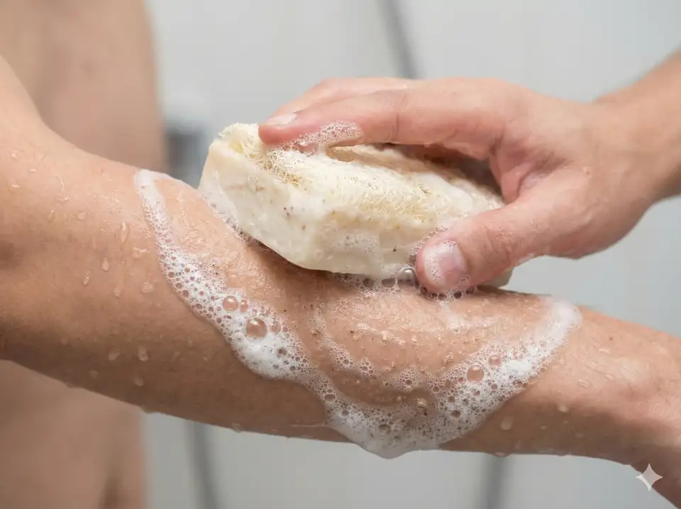 Rich lather created by loofah soap bar during use