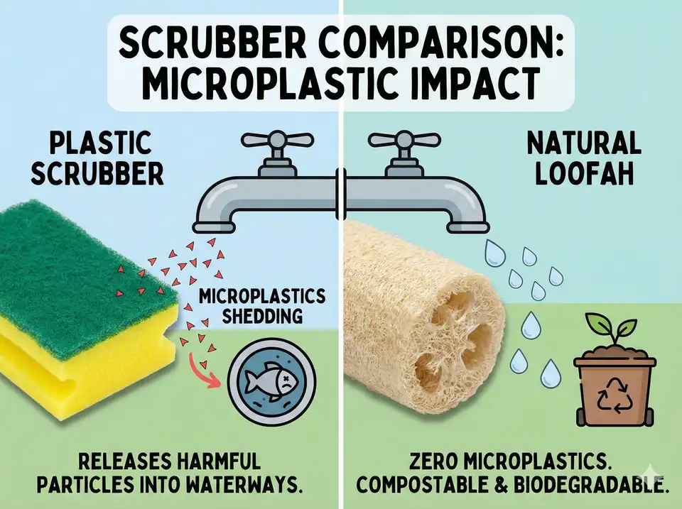 Educational graphic comparing microplastic shedding from plastic scrubbers vs zero microplastics from loofah