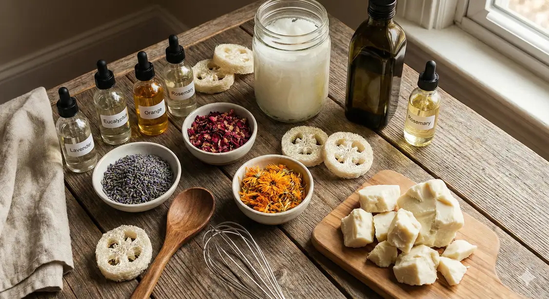 Natural soap ingredients with loofah - oils, botanicals, essential oils