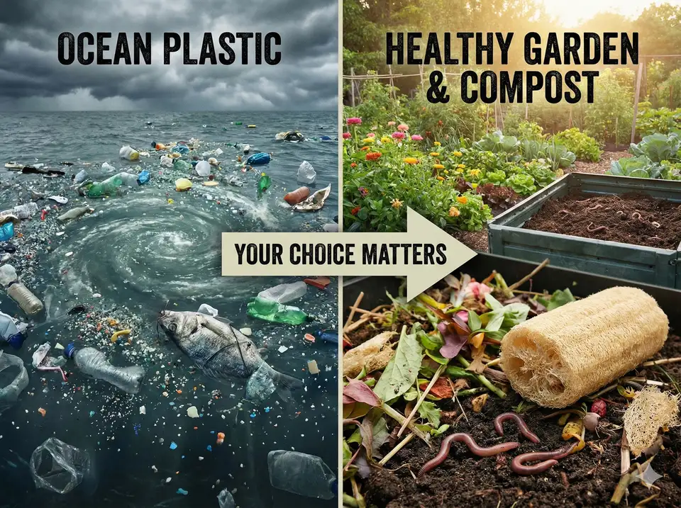 Split image of ocean pollution vs compostable loofah alternative
