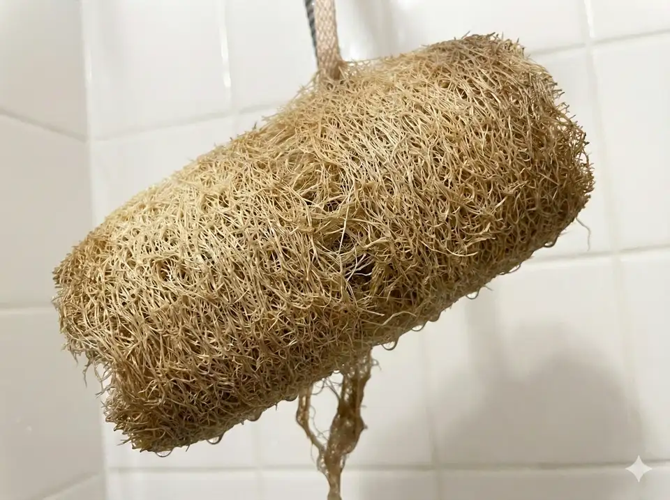 Discolored and degraded loofah showing replacement indicators