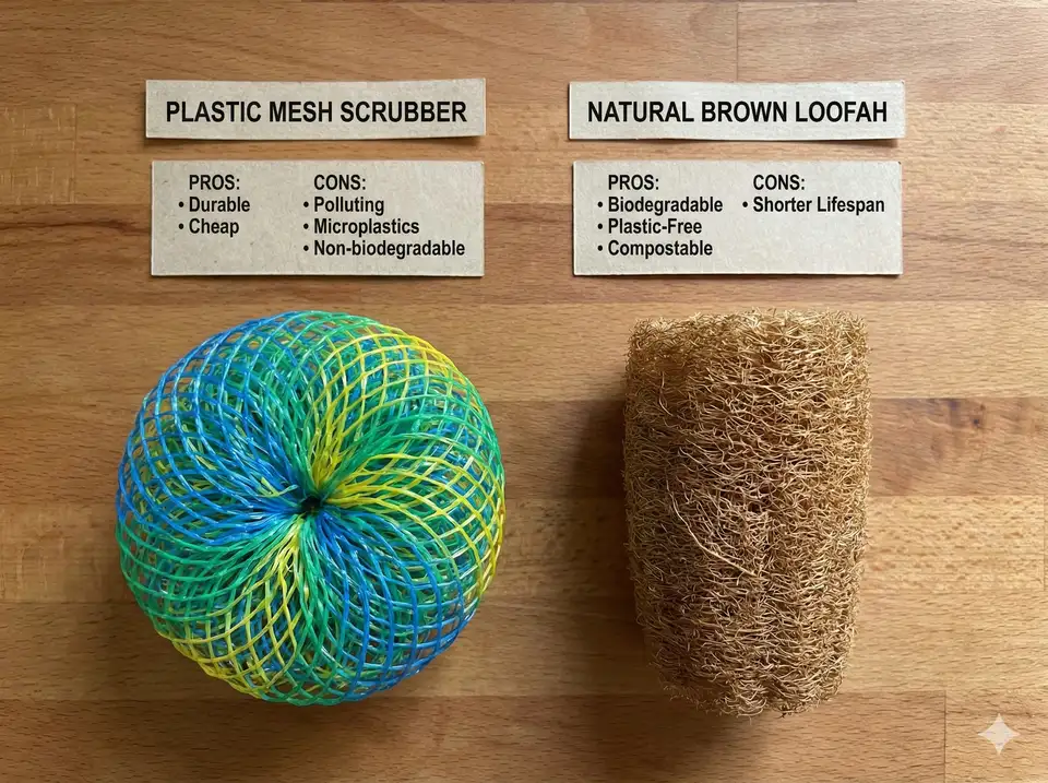 Direct comparison of plastic scrubber vs natural loofah