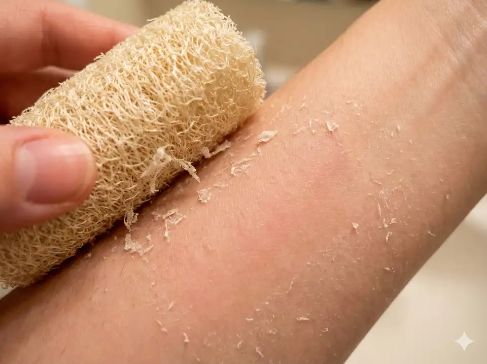 Loofah gently removing dead flaky skin cells from dry areas