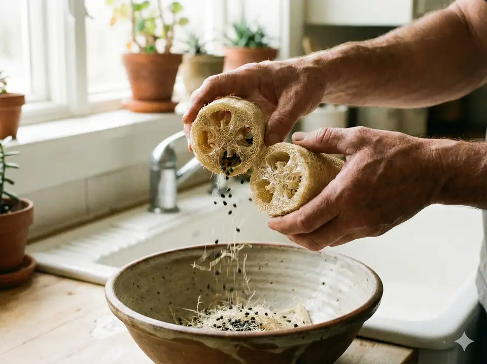 Removing seeds and debris from loofah before cutting