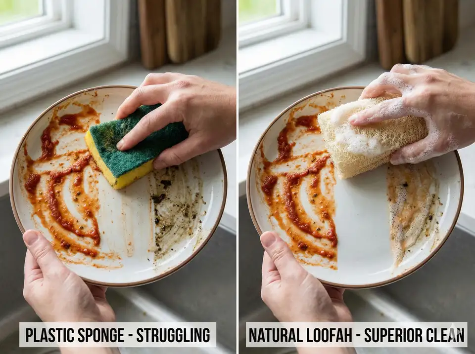 Both scrubbing same dirty dish showing effectiveness