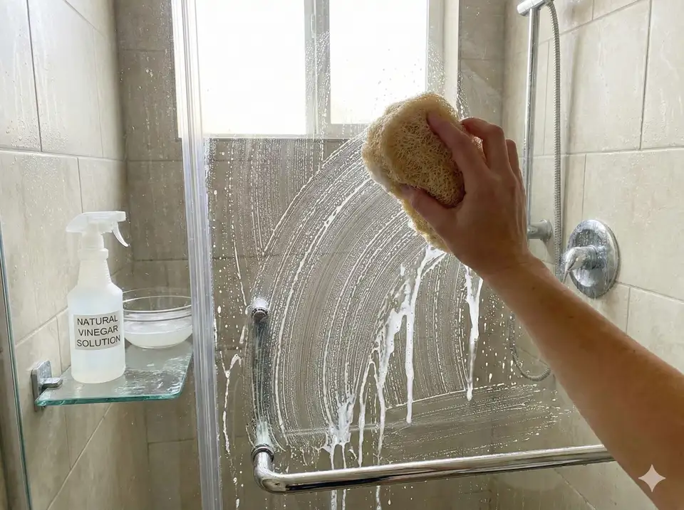 Cleaning glass shower doors with soft loofah and vinegar