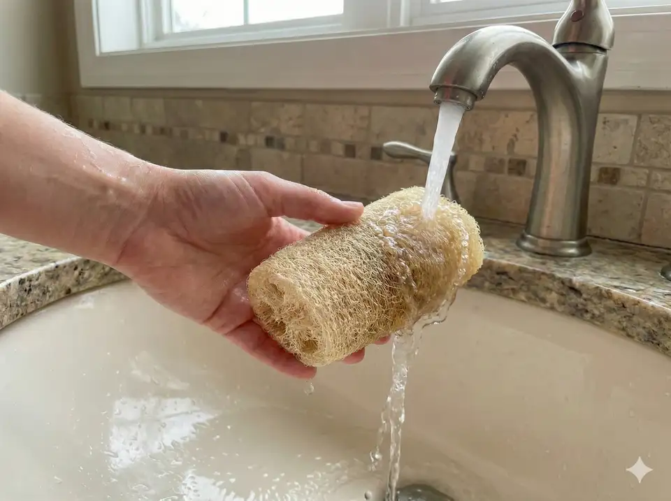 Natural loofah sponge being soaked in warm running water to soften fibers before exfoliation