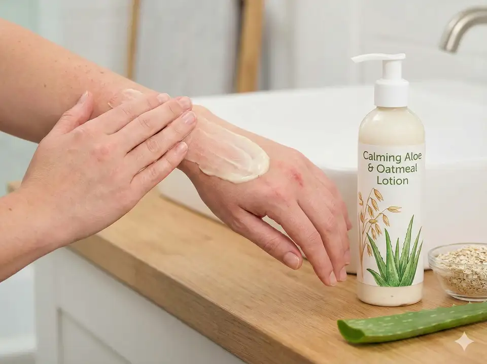 Applying gentle fragrance-free moisturizer after sensitive skin exfoliation