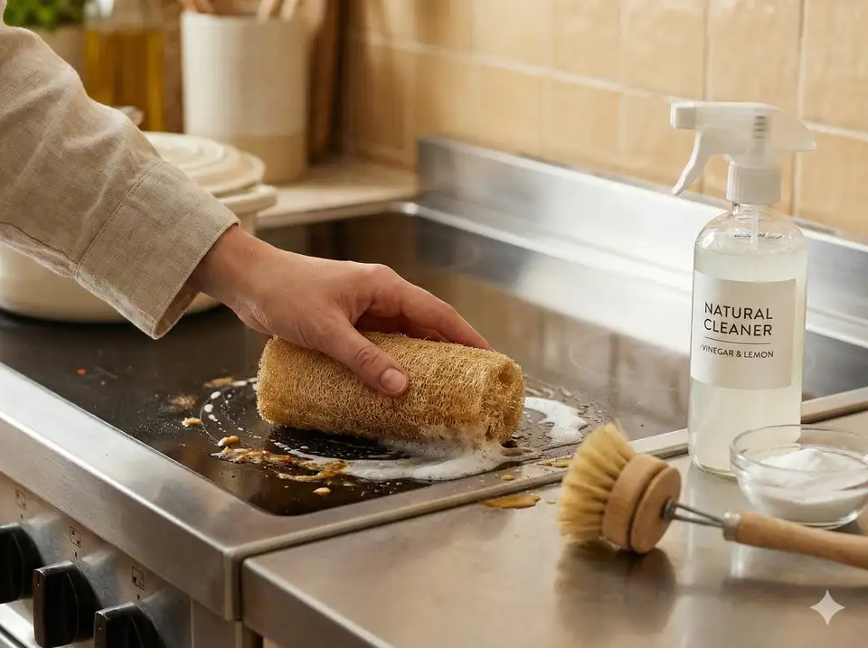 Cleaning stovetop or range with loofah scrubber