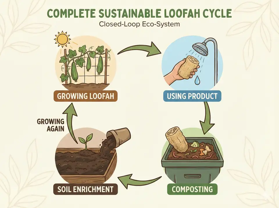 Circular diagram showing loofah from plant to product to compost to soil