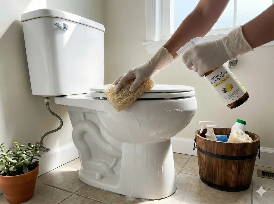 Wiping down toilet exterior with loofah and disinfectant