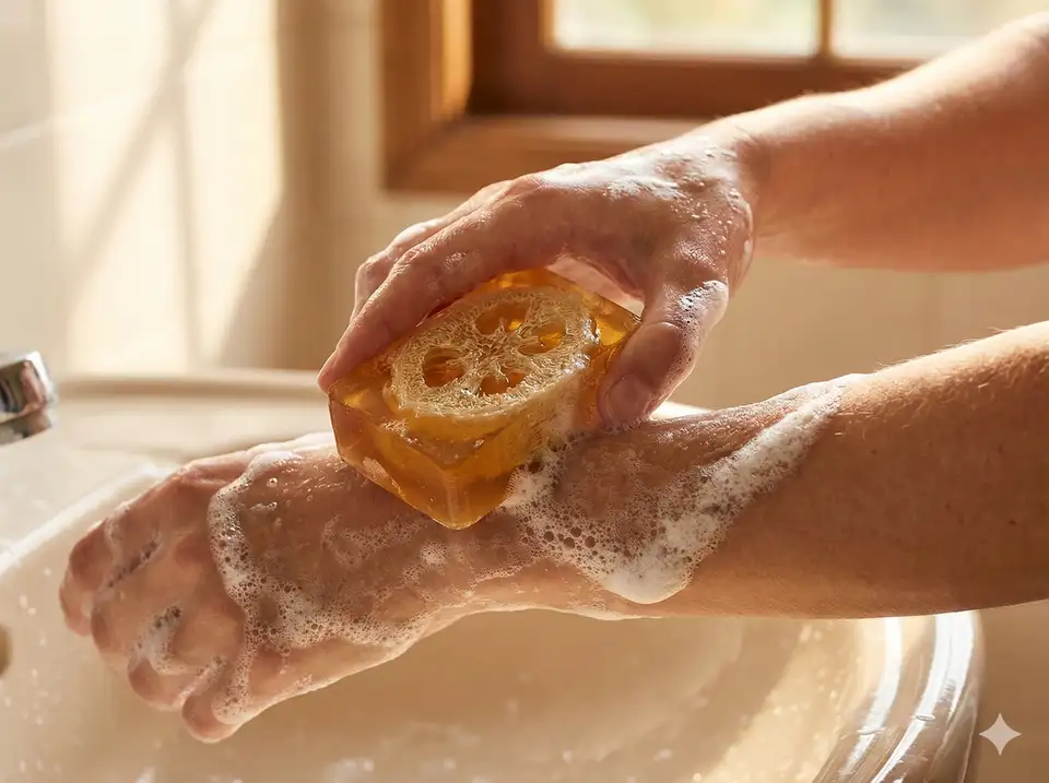 Person using loofah soap bar in shower for exfoliation and cleansing